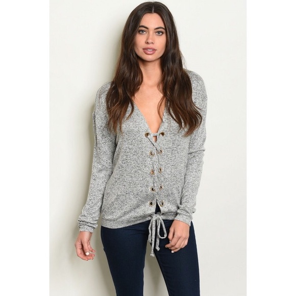 Tops - Jade gray lace up knit sweater top
